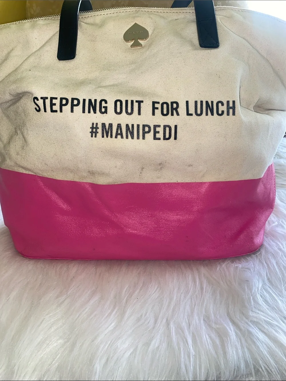 kate spade Cream and Bright Pink Canvas Tote with Slogan